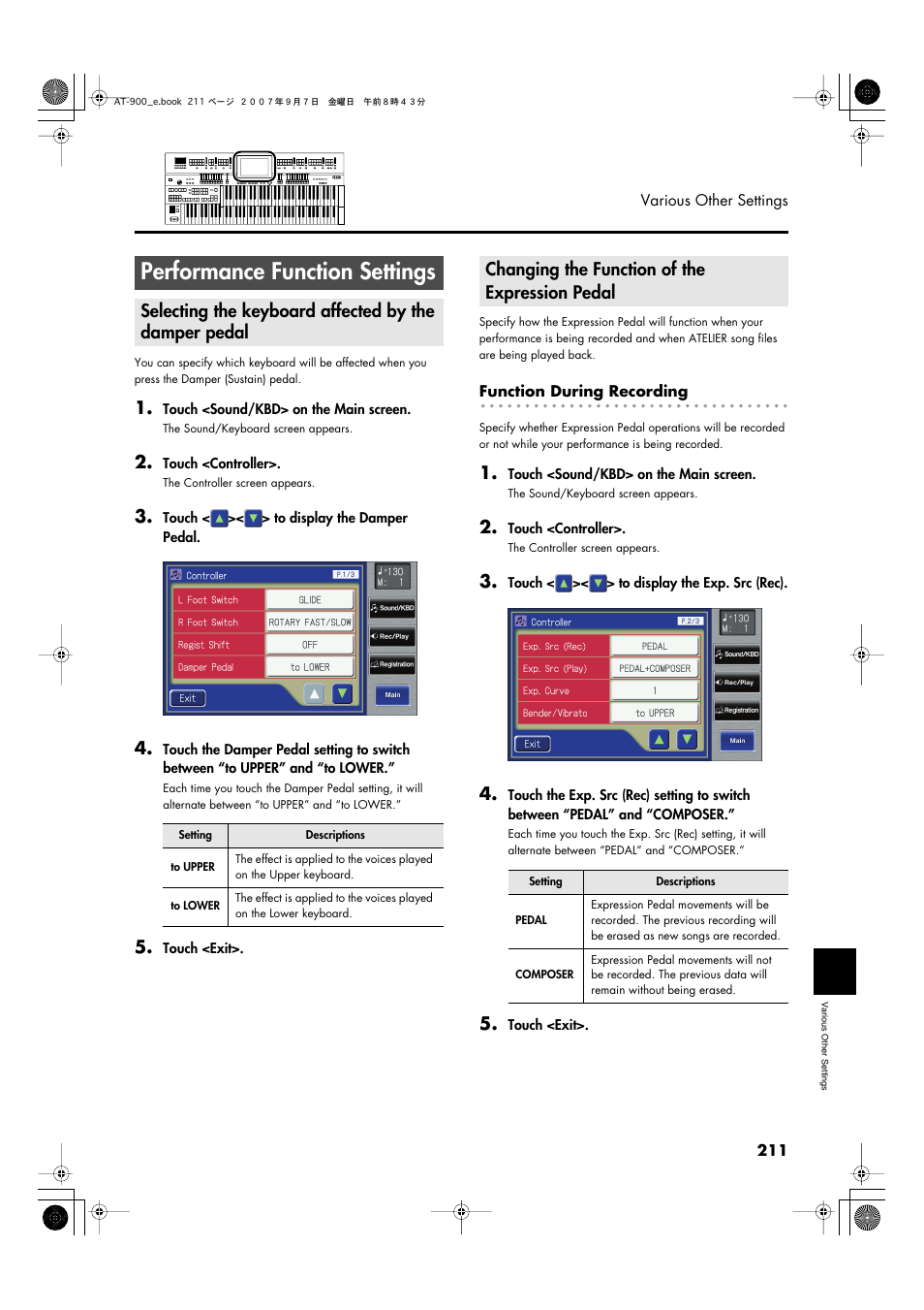 Performance function settings, Changing the function of the expression pedal, Performance (p. 211) | Roland AT900C User Manual | Page 213 / 300