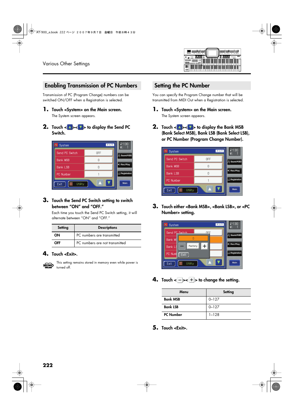 Enabling transmission of pc numbers, Setting the pc number | Roland AT900C User Manual | Page 224 / 300