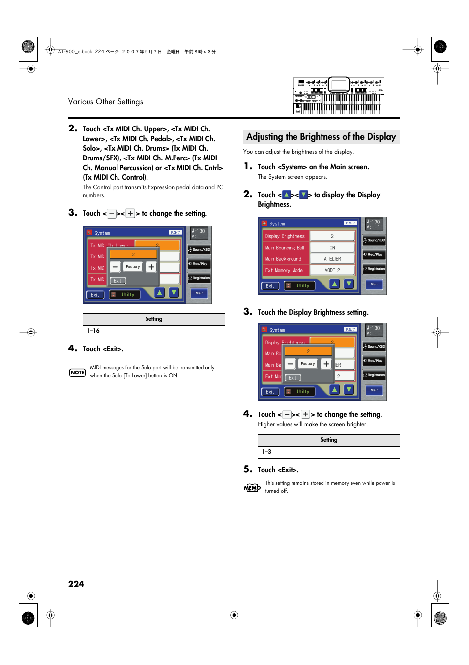 Adjusting the brightness of the display, The screen (p. 224) | Roland AT900C User Manual | Page 226 / 300