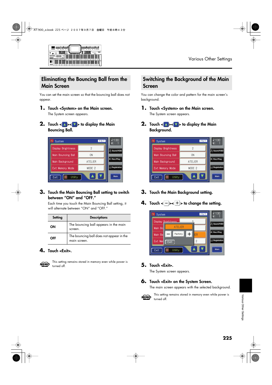 Eliminating the bouncing ball from the main screen, Switching the background of the main screen, In the main screen (p. 225) | The main screen (p. 225) | Roland AT900C User Manual | Page 227 / 300