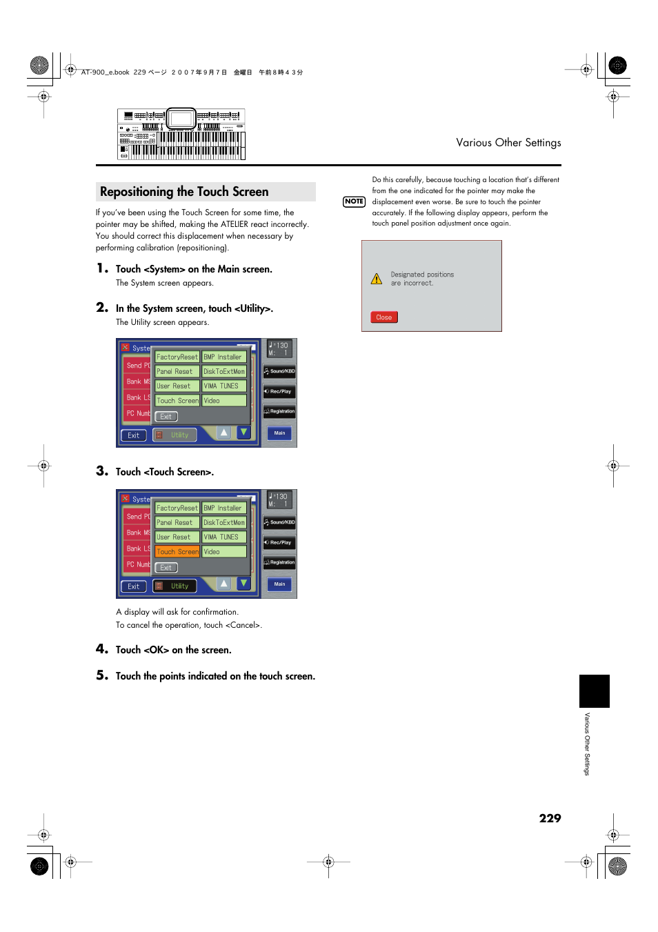 Repositioning the touch screen | Roland AT900C User Manual | Page 231 / 300