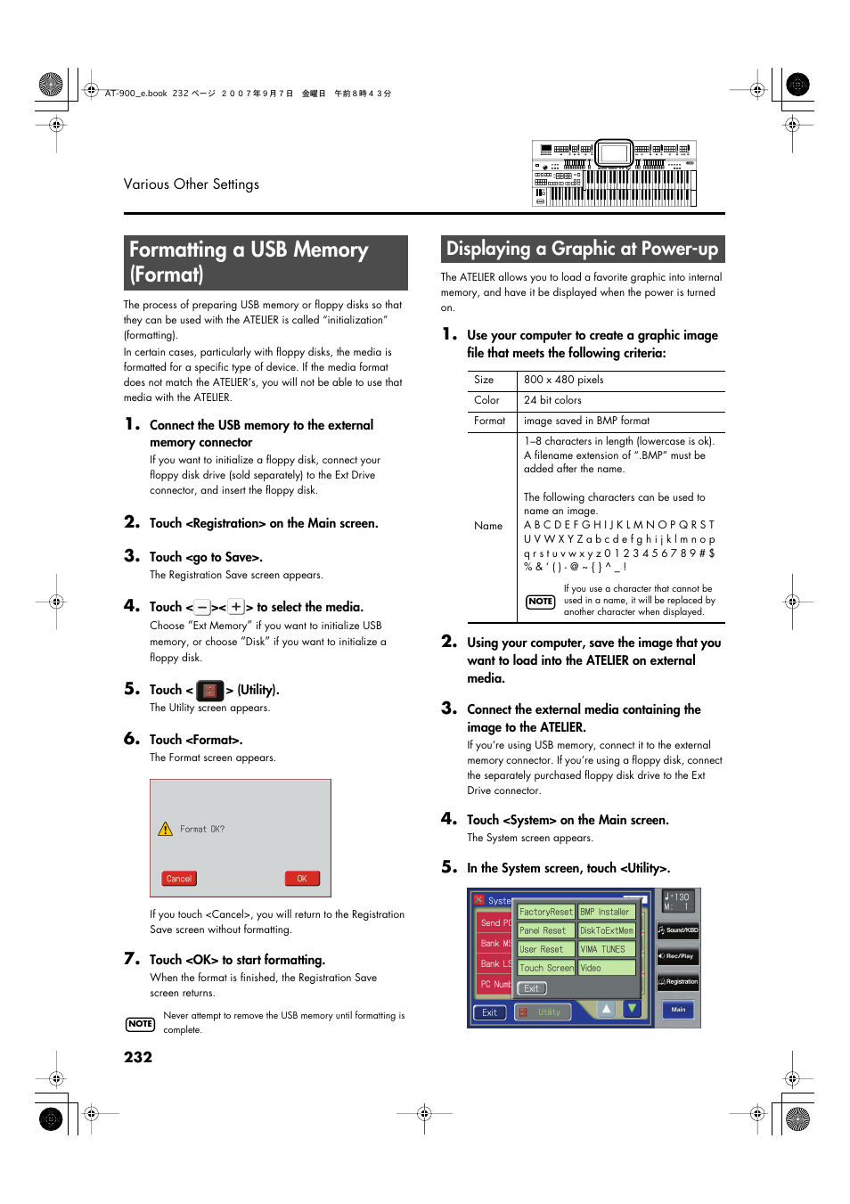 Formatting a usb memory (format), Displaying a graphic at power-up, Formatting a usb memory (format)” (p. 232) | Roland AT900C User Manual | Page 234 / 300