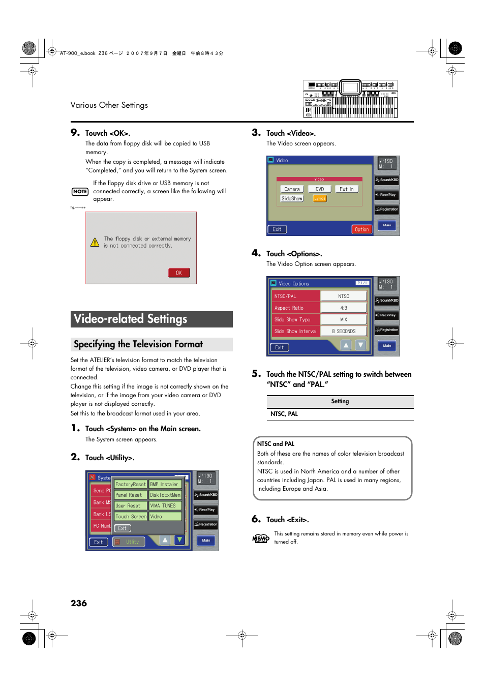 Video-related settings, Specifying the television format | Roland AT900C User Manual | Page 238 / 300