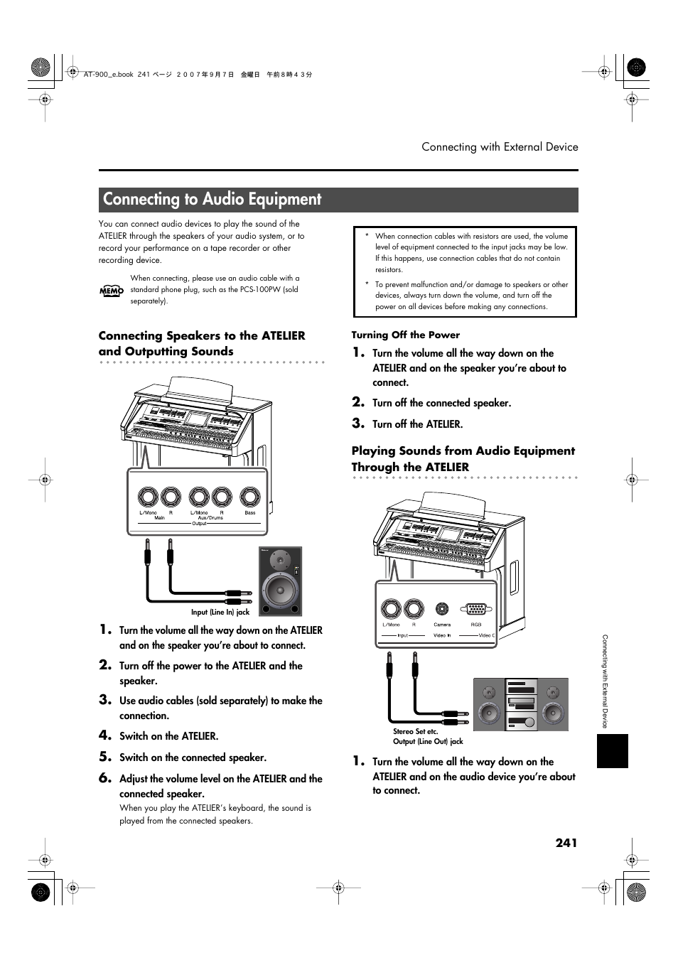 Connecting to audio equipment | Roland AT900C User Manual | Page 243 / 300