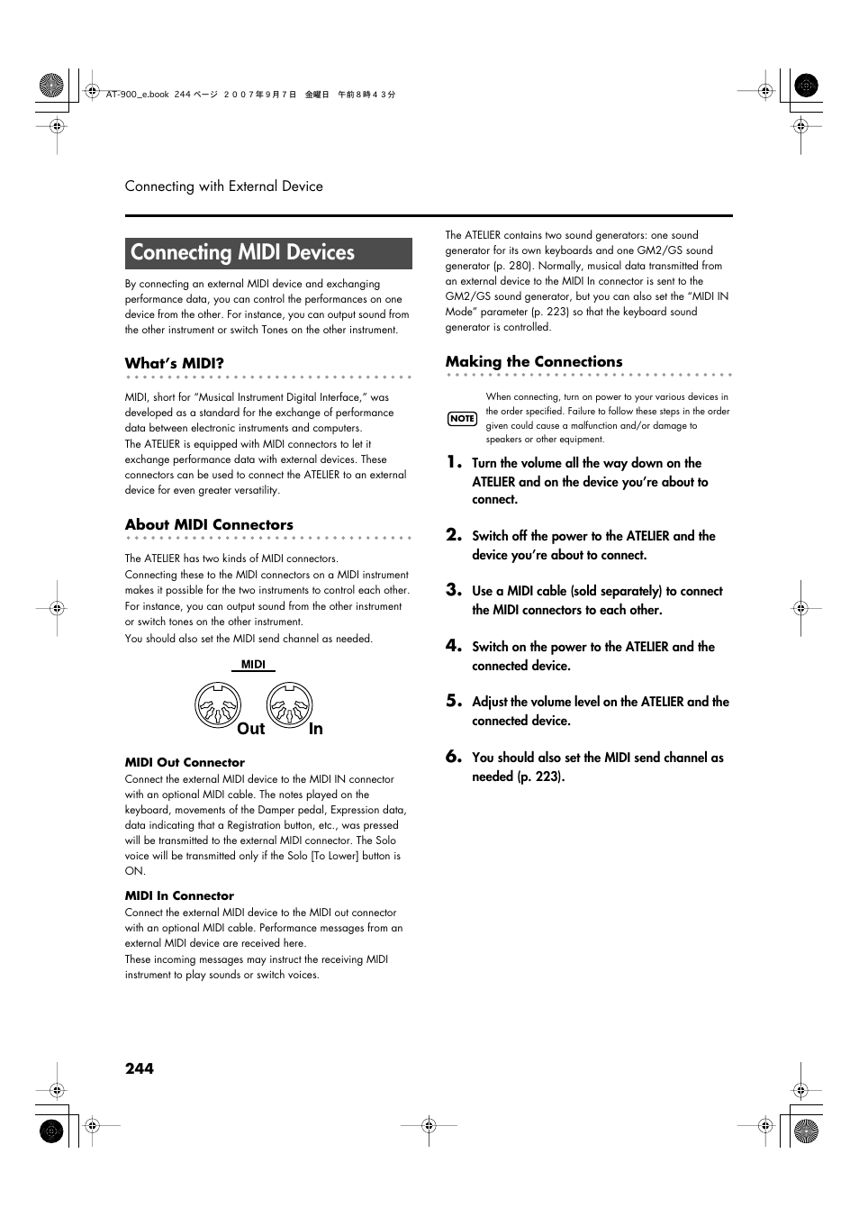 Connecting midi devices, P. 244 | Roland AT900C User Manual | Page 246 / 300