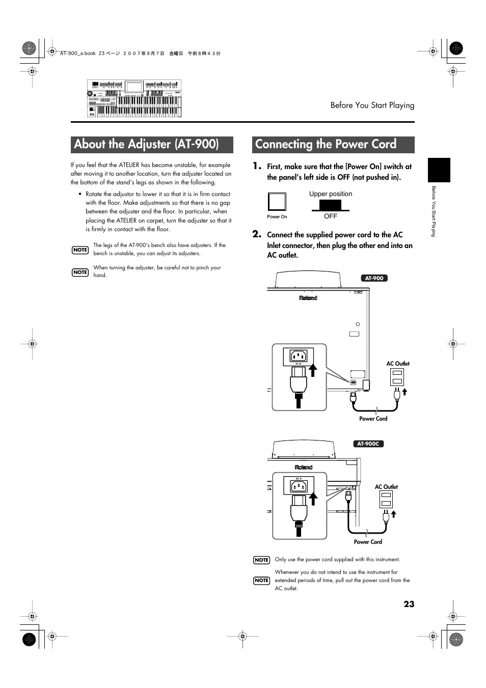 About the adjuster (at-900), Connecting the power cord, Unplug the power cord from the ac outlet (p. 23) | Roland AT900C User Manual | Page 25 / 300