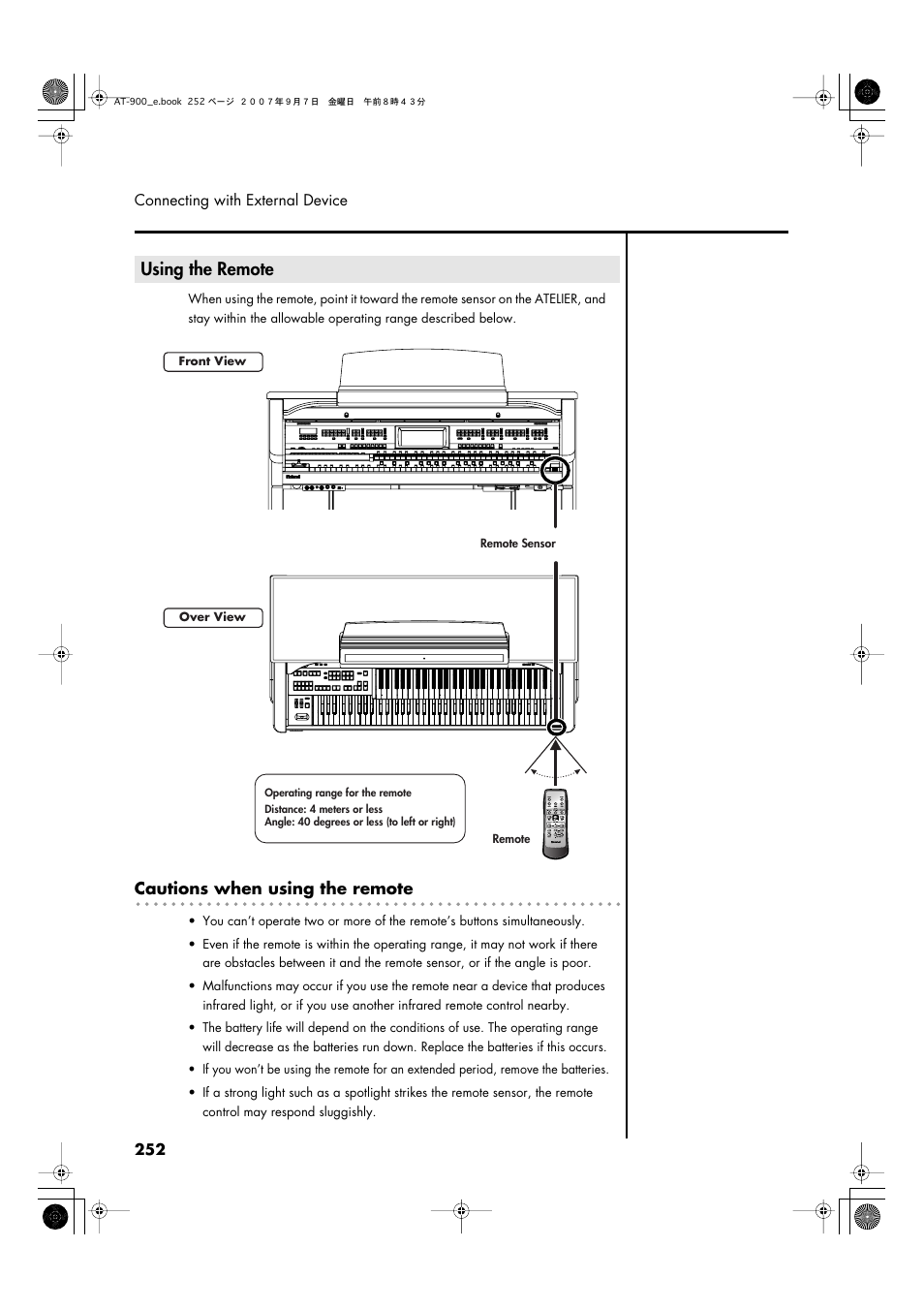 Using the remote, Cautions when using the remote | Roland AT900C User Manual | Page 254 / 300