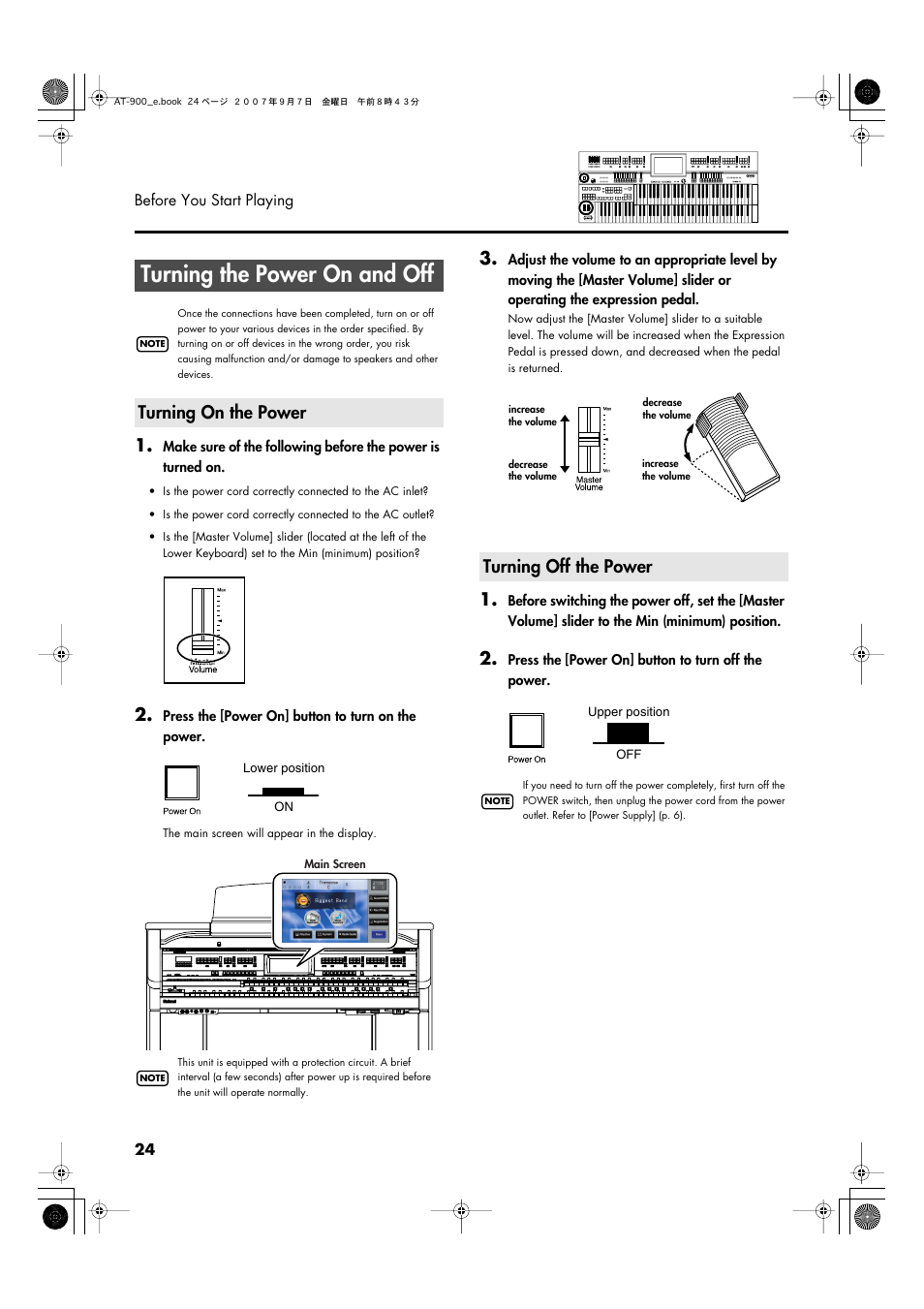 Turning the power on and off, Turning on the power, Turning off the power | Turning on the power turning off the power, P. 24 | Roland AT900C User Manual | Page 26 / 300