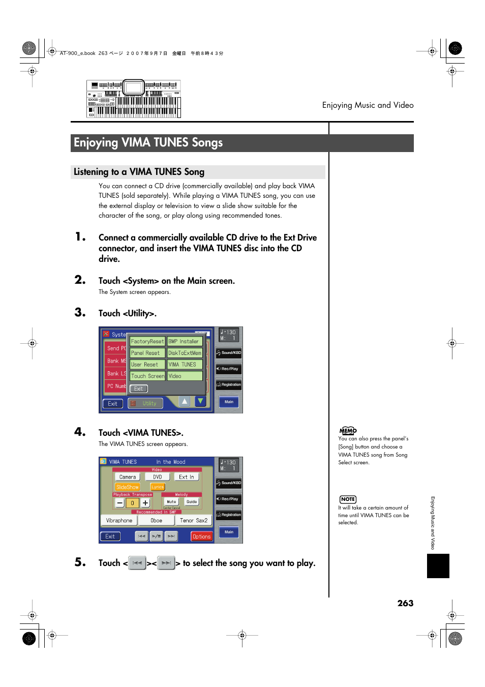 Enjoying vima tunes songs, Listening to a vima tunes song | Roland AT900C User Manual | Page 265 / 300