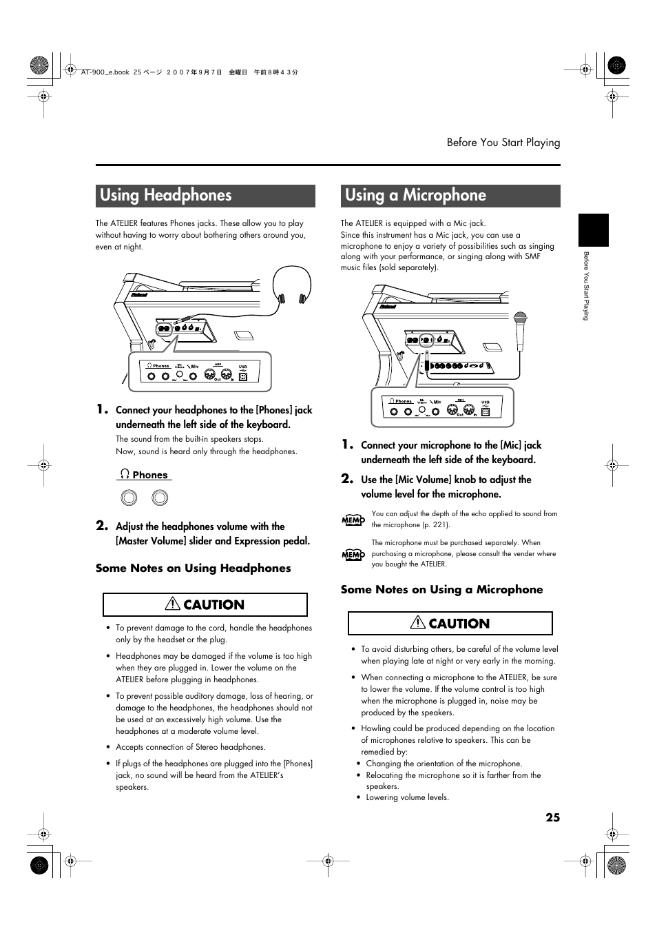 Using headphones, Using a microphone, Using headphones using a microphone | Roland AT900C User Manual | Page 27 / 300