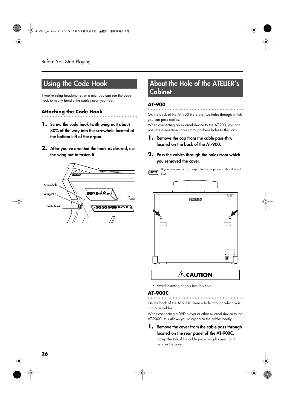 Using the code hook, About the hole of the atelier’s cabinet | Roland AT900C User Manual | Page 28 / 300