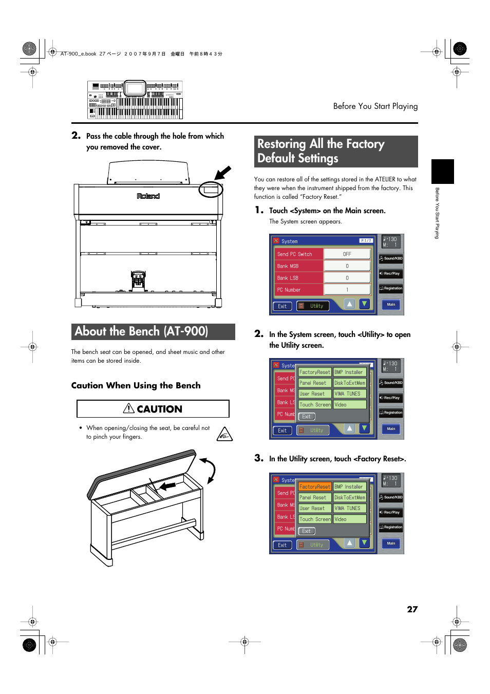 About the bench (at-900), Restoring all the factory default settings, P. 27) | Roland AT900C User Manual | Page 29 / 300