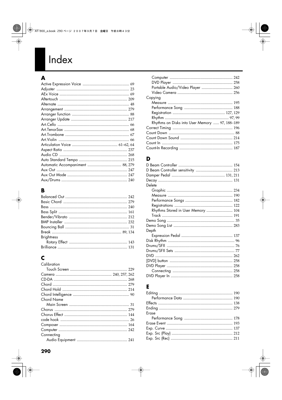 Index | Roland AT900C User Manual | Page 292 / 300