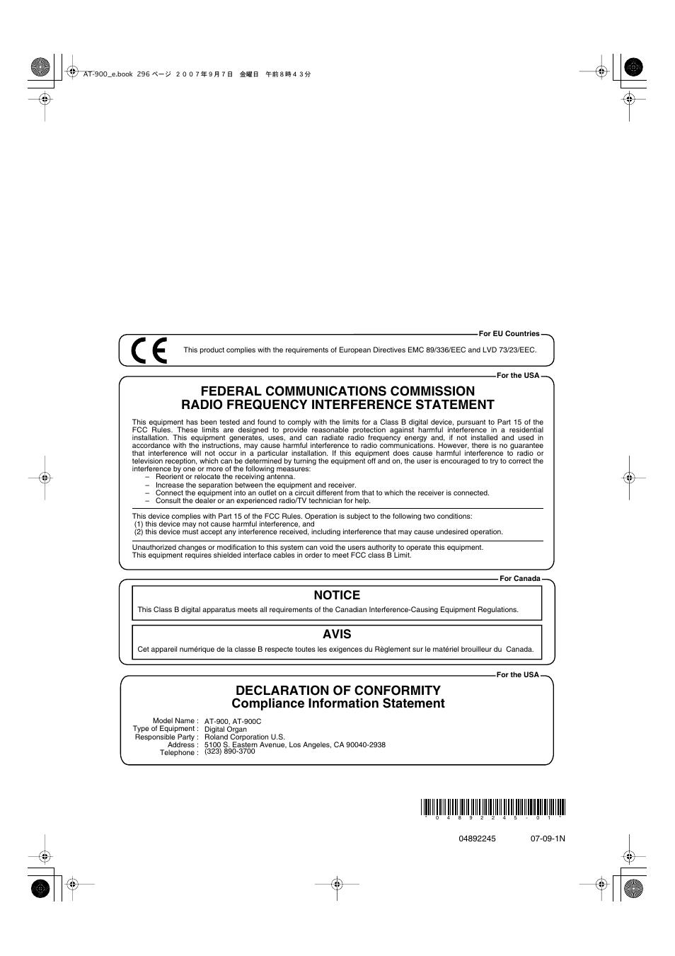 Notice avis | Roland AT900C User Manual | Page 298 / 300