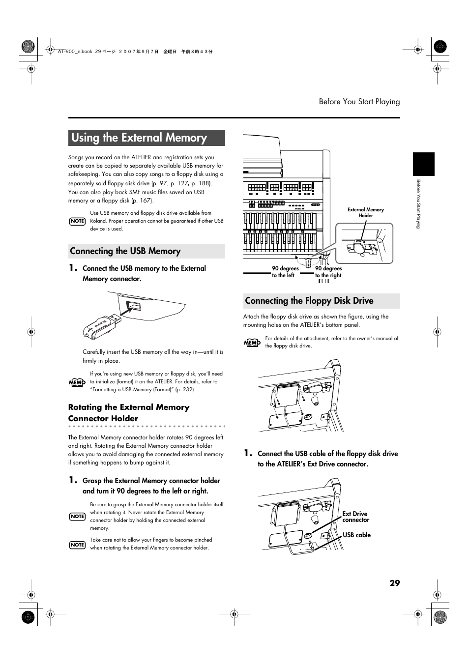 Using the external memory, Connecting the usb memory, Connecting the floppy disk drive | Roland AT900C User Manual | Page 31 / 300