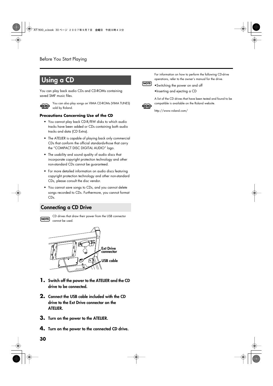 Using a cd, Connecting a cd drive | Roland AT900C User Manual | Page 32 / 300