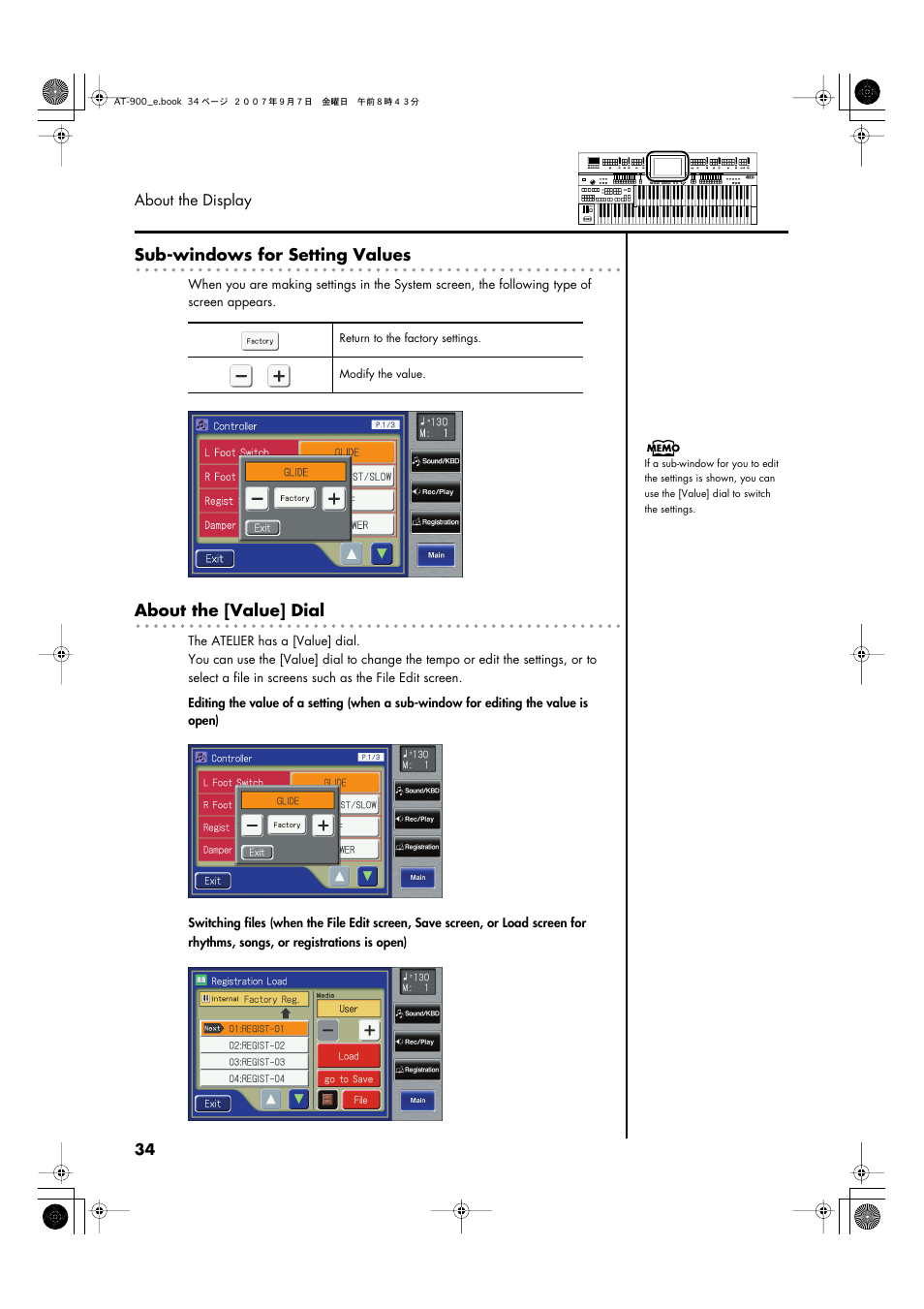 P. 34, Sub-windows for setting values, About the [value] dial | Roland AT900C User Manual | Page 36 / 300
