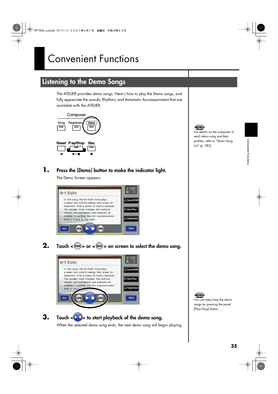 Convenient functions, Listening to the demo songs, P. 35, p. 168 | Roland AT900C User Manual | Page 37 / 300