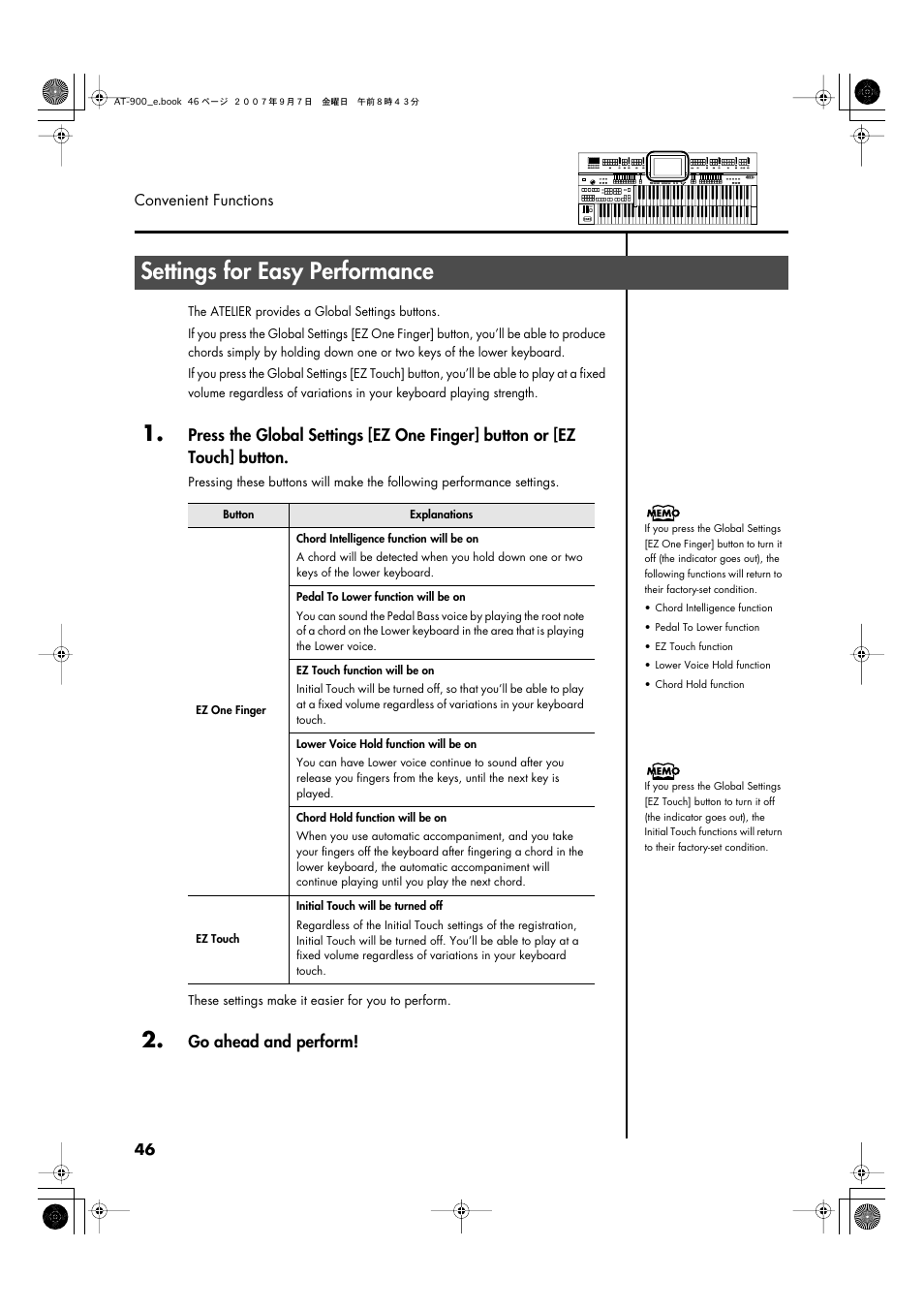 Settings for easy performance, P. 46, Go ahead and perform | Roland AT900C User Manual | Page 48 / 300