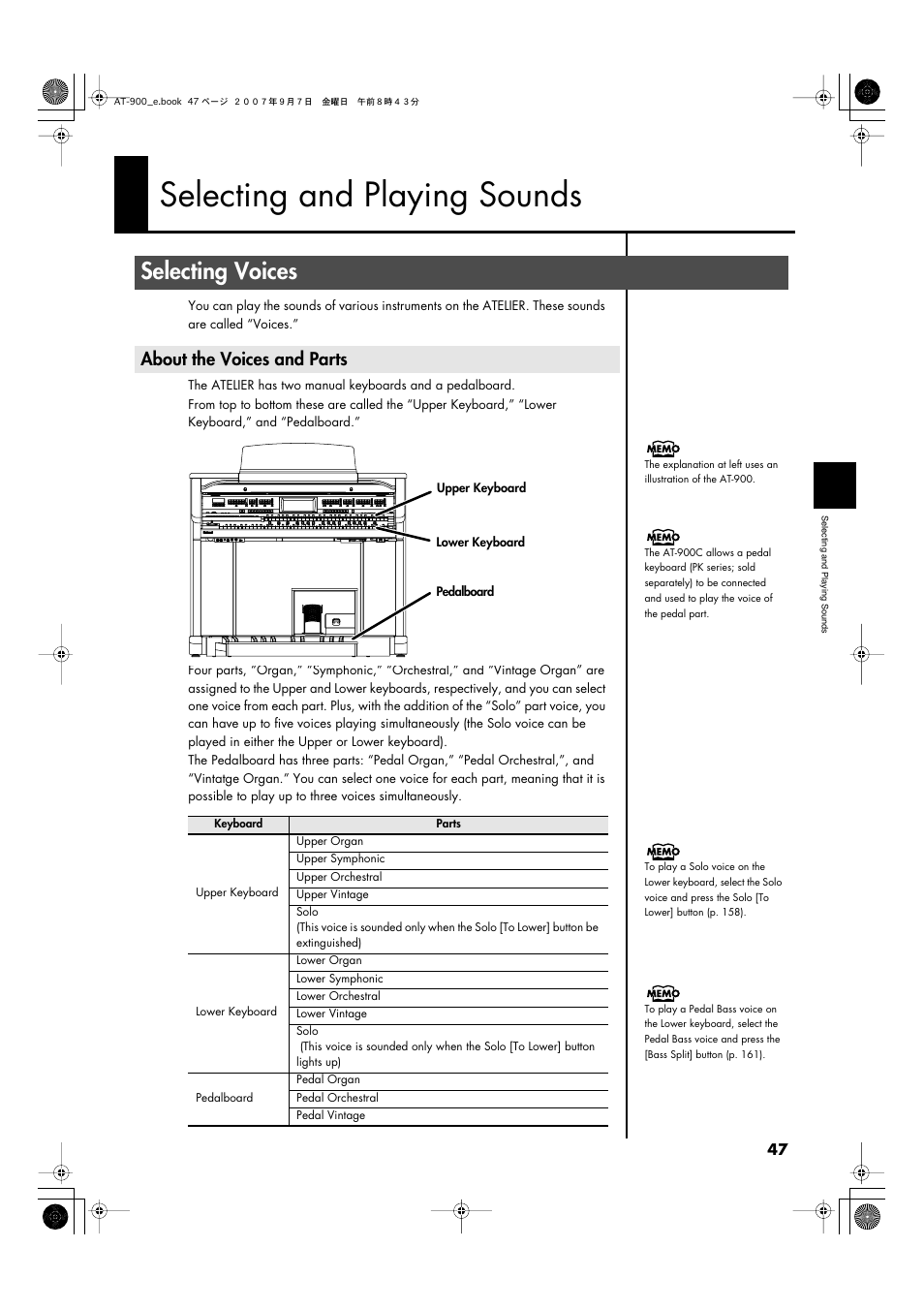 Selecting and playing sounds, Selecting voices, About the voices and parts | Roland AT900C User Manual | Page 49 / 300