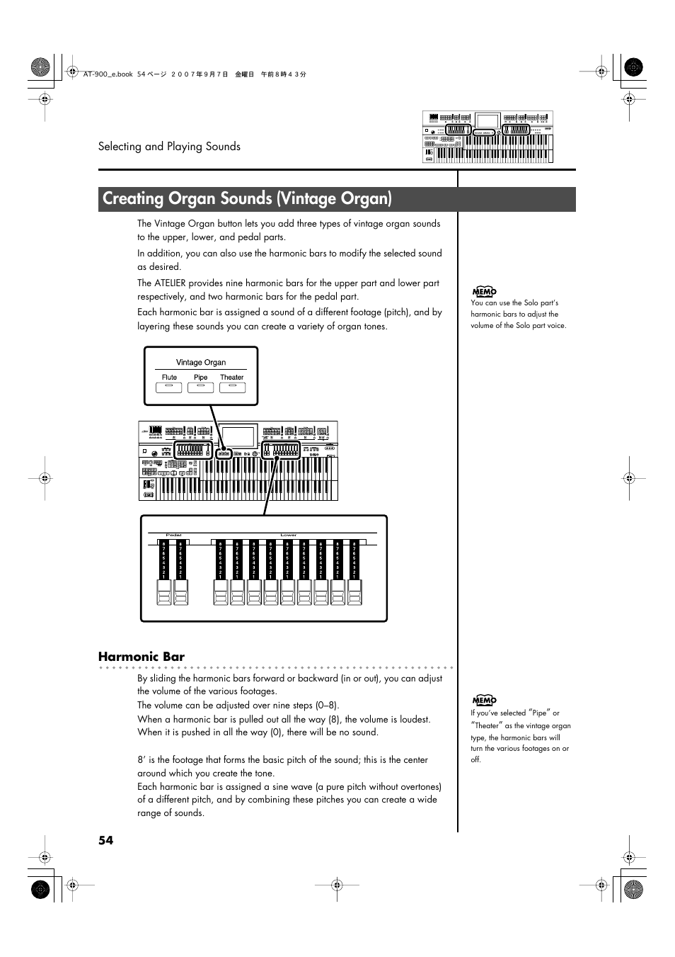 Creating organ sounds (vintage organ), P. 54, P. 54, p. 72 | Creating organ sounds, Vintage organ) | Roland AT900C User Manual | Page 56 / 300