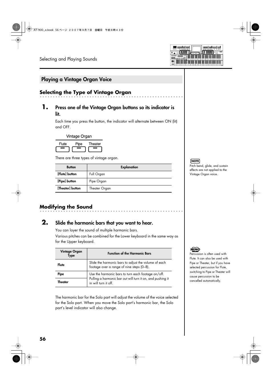 Playing a vintage organ voice, Selecting the type of vintage organ, Modifying the sound | Slide the harmonic bars that you want to hear | Roland AT900C User Manual | Page 58 / 300