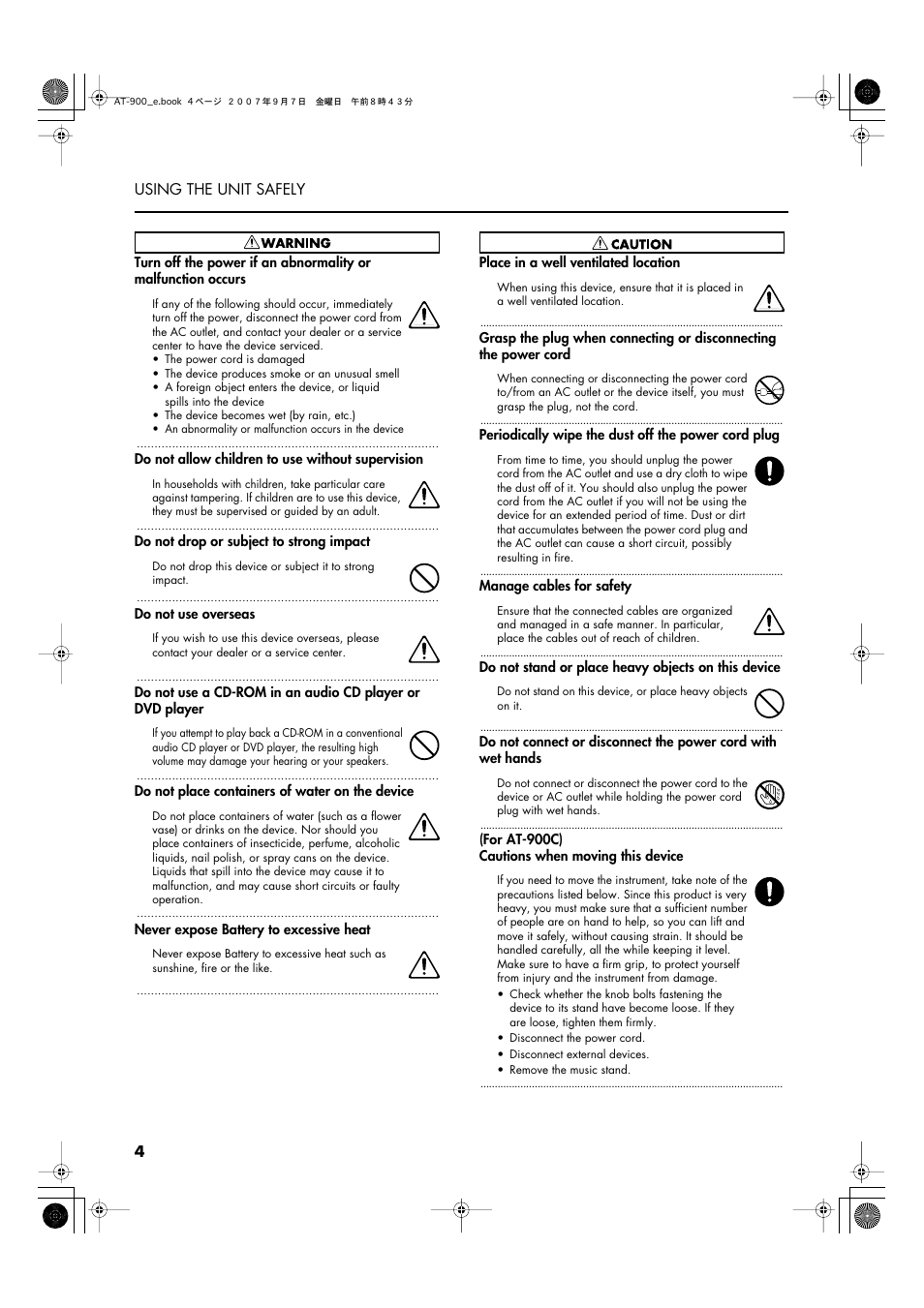 4 using the unit safely | Roland AT900C User Manual | Page 6 / 300