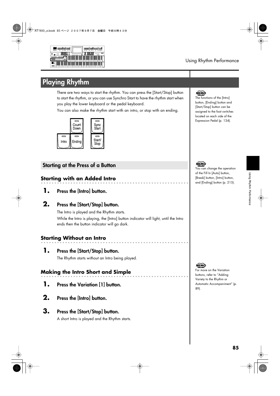 Playing rhythm, Starting at the press of a button, P. 85–p. 87 | P. 85, p. 87 | Roland AT900C User Manual | Page 87 / 300