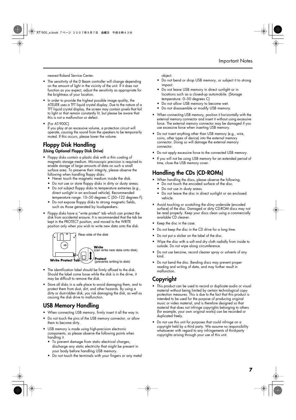 Floppy disk handling, Handling the cds (cd-roms), Copyright | Roland AT900C User Manual | Page 9 / 300