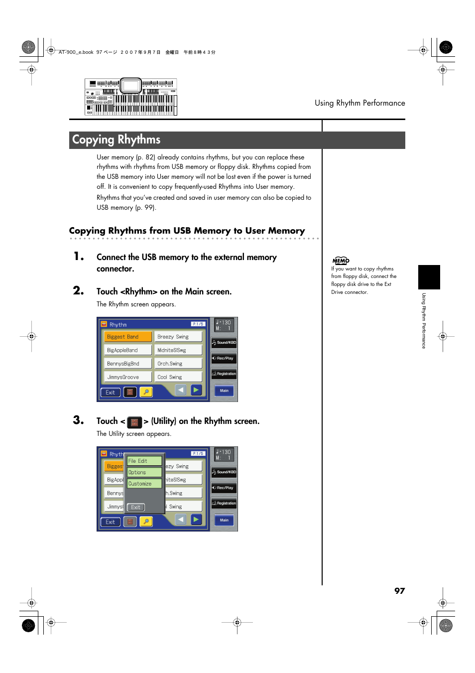 Copying rhythms, Separately sold floppy disk drive (p. 97, p. 127, Memory, refer to “copying rhythms” (p. 97) | Memory (p. 97) | Roland AT900C User Manual | Page 99 / 300