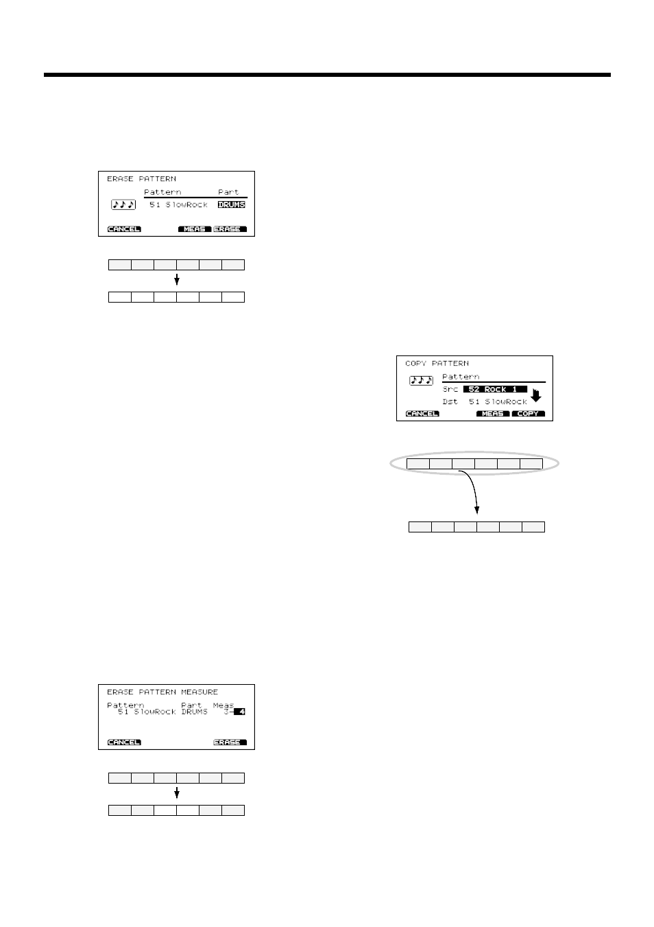 Erasing a pattern, Erasing selected measures of a pattern, Copying a pattern | Roland TD-10 User Manual | Page 104 / 182