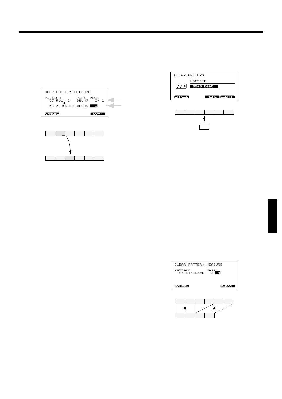Copying selected measures of a pattern, Clearing a pattern, Clearing selected measures of a pattern | Roland TD-10 User Manual | Page 105 / 182