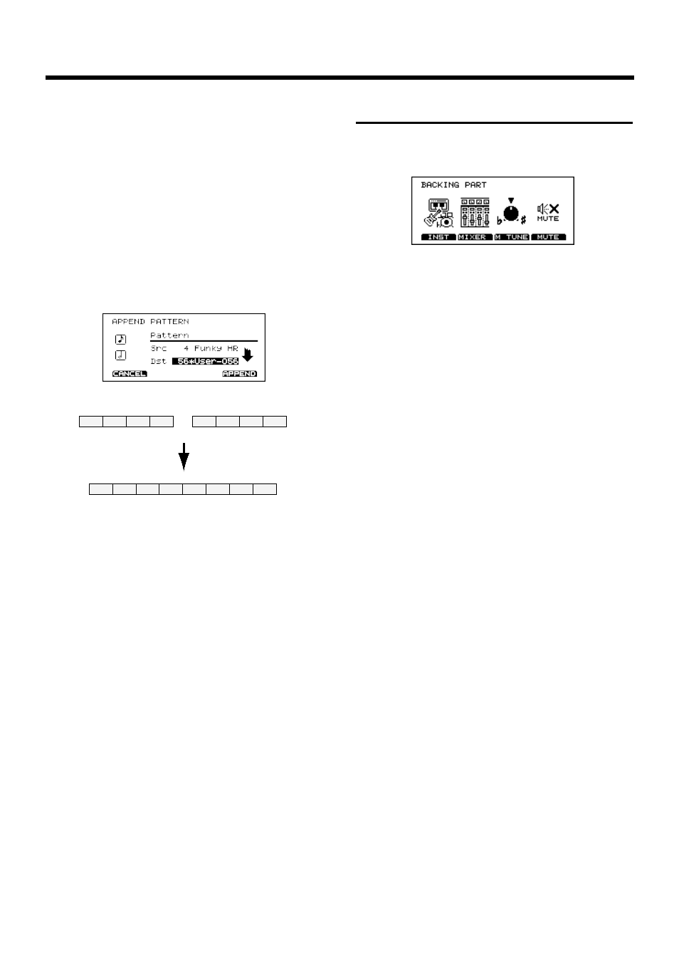 Settings for part instruments, Connecting two patterns, Adjusting the master tuning | Instrument selection and set- tings for each part, Append | Roland TD-10 User Manual | Page 106 / 182