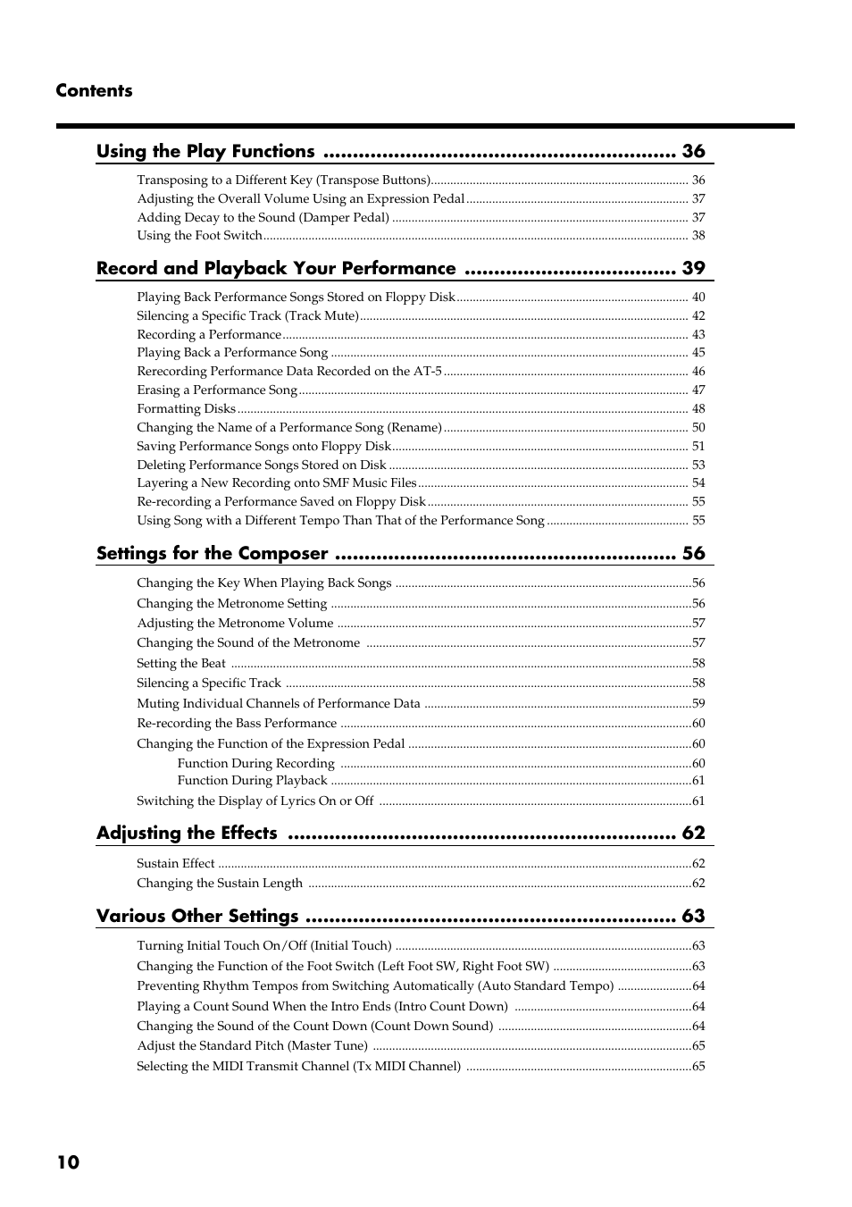 10 contents using the play functions, Record and playback your performance, Settings for the composer | Adjusting the effects, Various other settings | Roland AT 5 User Manual | Page 10 / 84