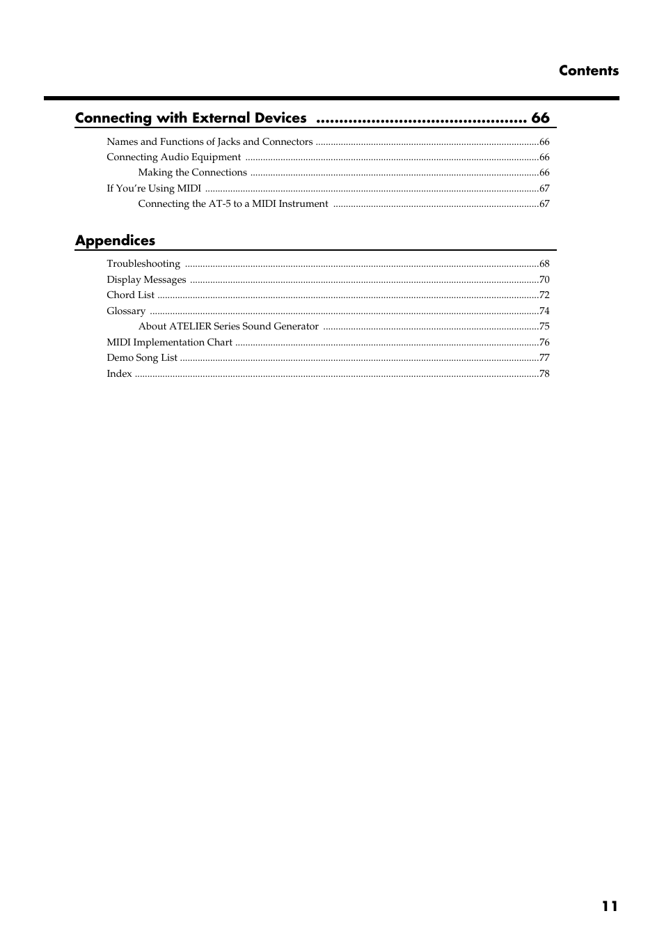 11 contents connecting with external devices, Appendices | Roland AT 5 User Manual | Page 11 / 84