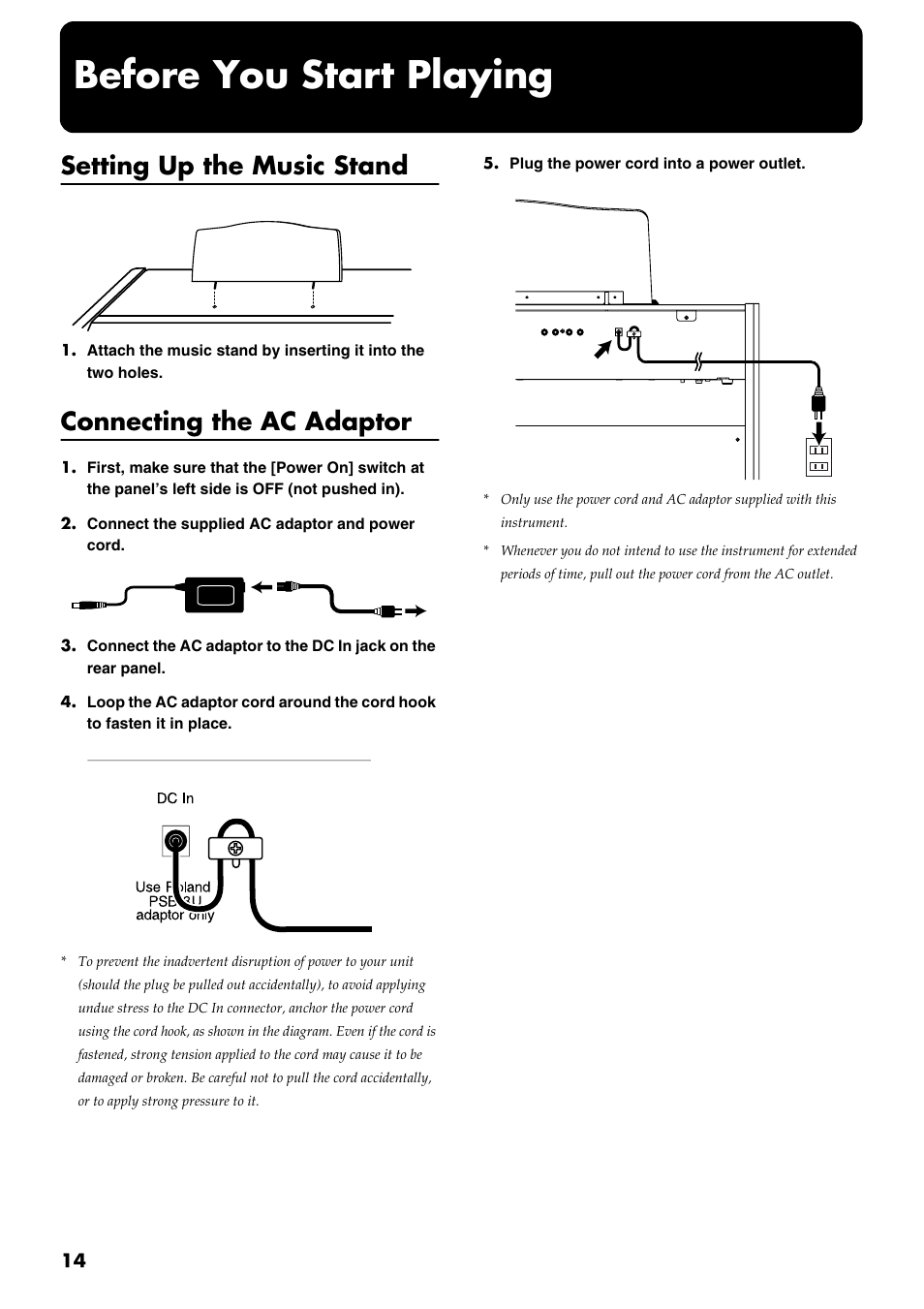 Before you start playing, Setting up the music stand, Connecting the ac adaptor | Roland AT 5 User Manual | Page 14 / 84