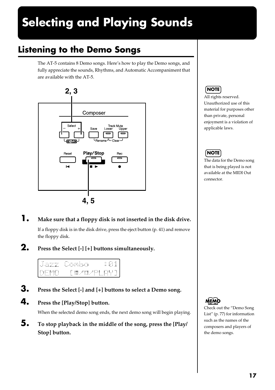 Selecting and playing sounds, Listening to the demo songs | Roland AT 5 User Manual | Page 17 / 84