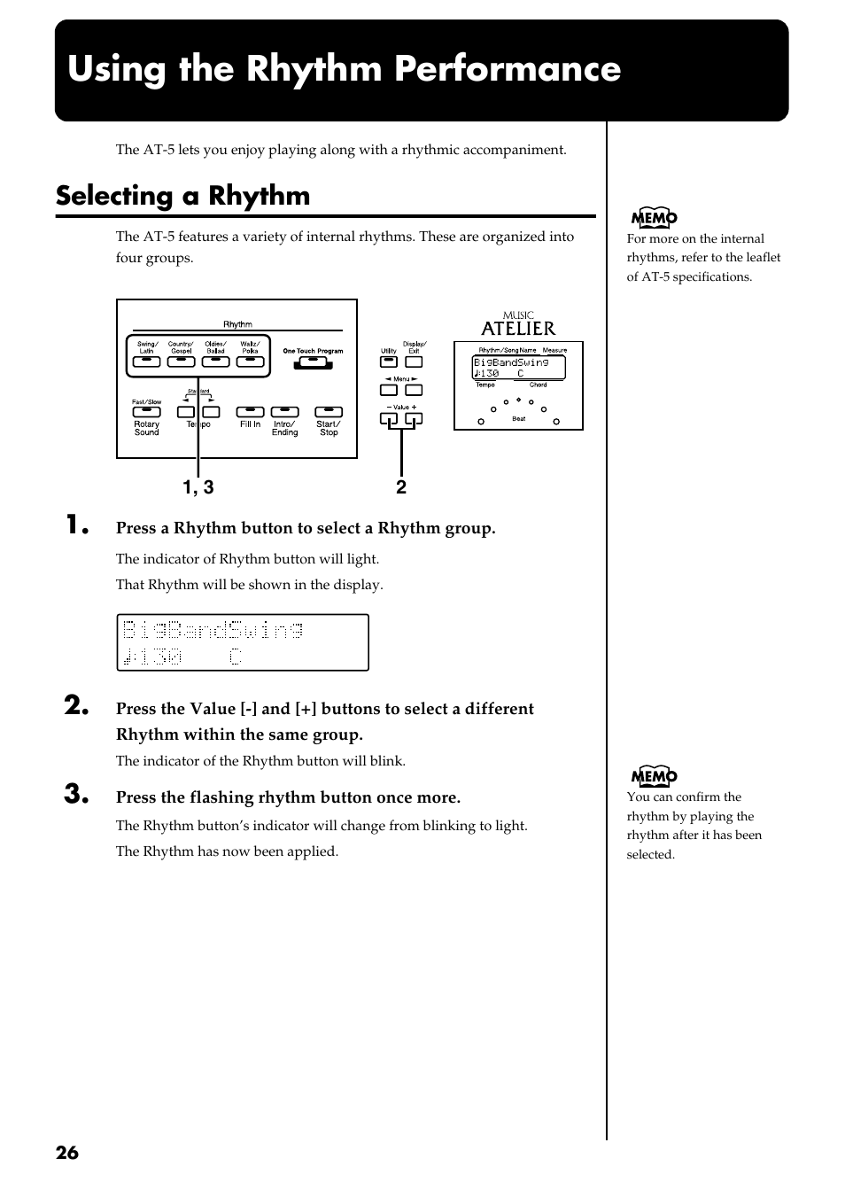 Using the rhythm performance, Selecting a rhythm, P. 26) | Roland AT 5 User Manual | Page 26 / 84