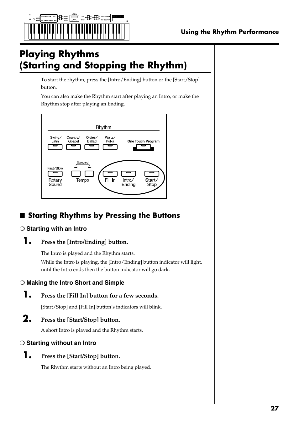 Playing rhythms (starting and stopping the rhythm), Starting rhythms by pressing the buttons, Starting at the press of a button | P. 27) | Roland AT 5 User Manual | Page 27 / 84