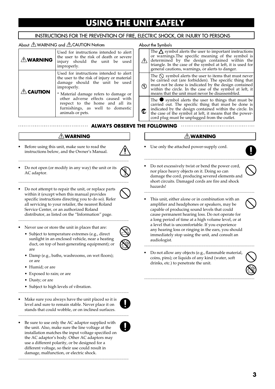 Using the unit safely | Roland AT 5 User Manual | Page 3 / 84