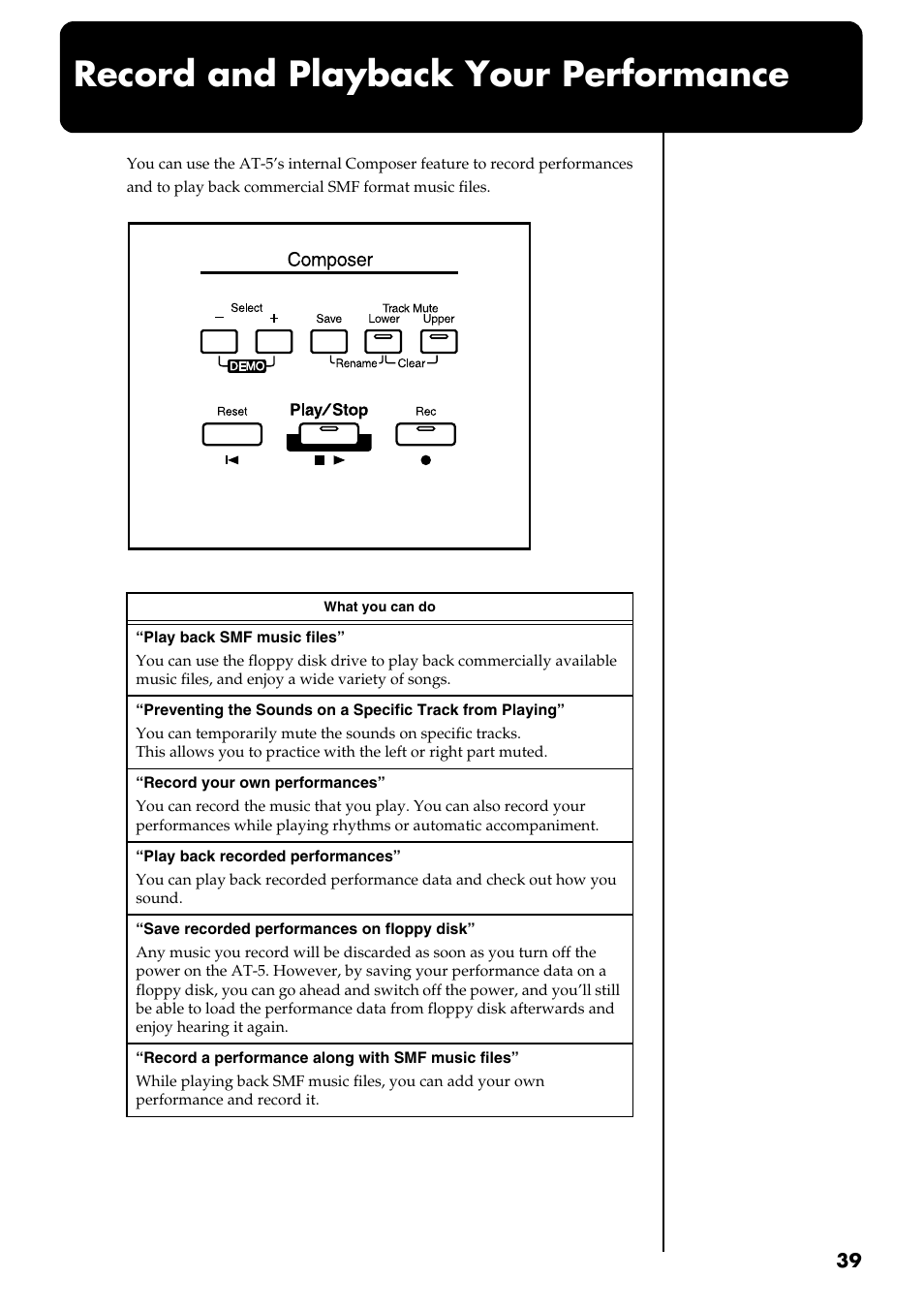 Record and playback your performance | Roland AT 5 User Manual | Page 39 / 84