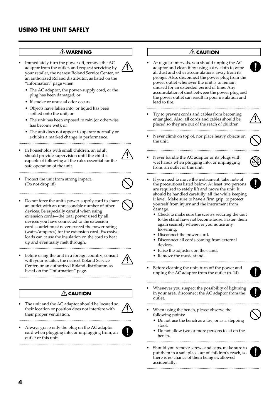 4 using the unit safely | Roland AT 5 User Manual | Page 4 / 84