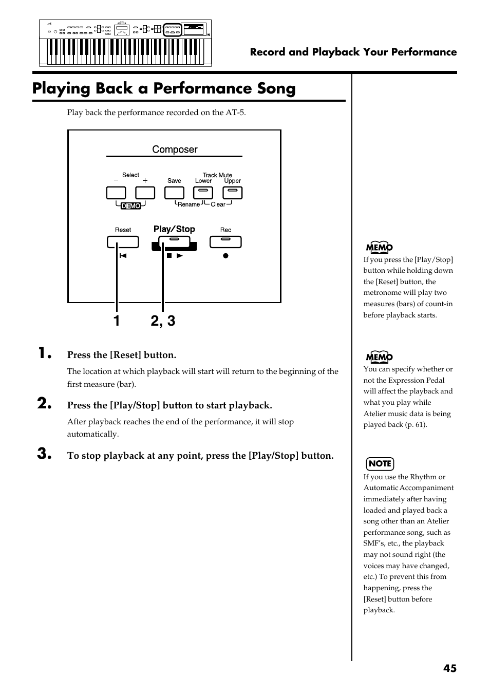 Playing back a performance song, P. 40, p. 45) | Roland AT 5 User Manual | Page 45 / 84