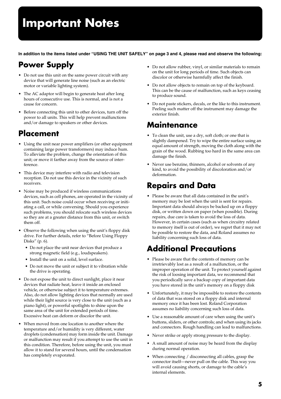 Important notes, Power supply, Placement | Maintenance, Repairs and data, Additional precautions | Roland AT 5 User Manual | Page 5 / 84