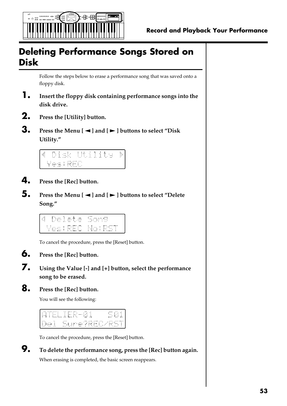 Deleting performance songs stored on disk | Roland AT 5 User Manual | Page 53 / 84