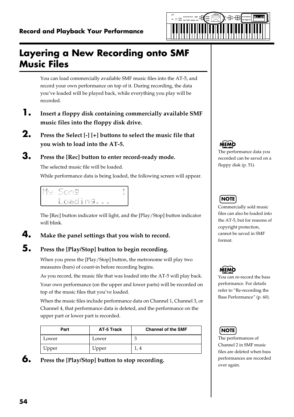 Layering a new recording onto smf music files, P. 43, p. 46, p. 54, p. 55) | Roland AT 5 User Manual | Page 54 / 84