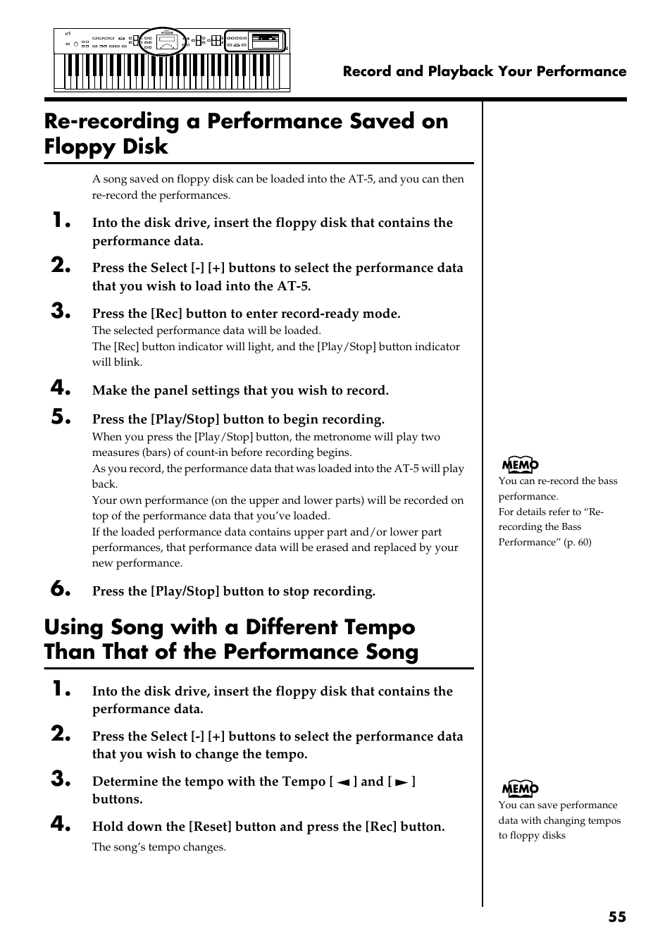 Re-recording a performance saved on floppy disk | Roland AT 5 User Manual | Page 55 / 84