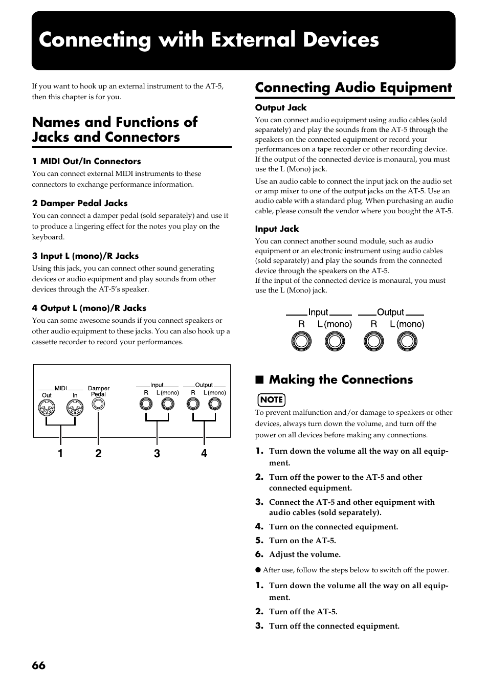 Connecting with external devices, Names and functions of jacks and connectors, Connecting audio equipment | Making the connections | Roland AT 5 User Manual | Page 66 / 84