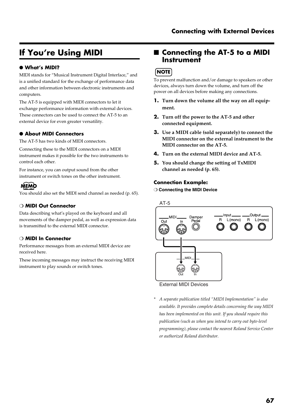 If you’re using midi, Connecting the at-5 to a midi instrument, 67 connecting with external devices | Roland AT 5 User Manual | Page 67 / 84
