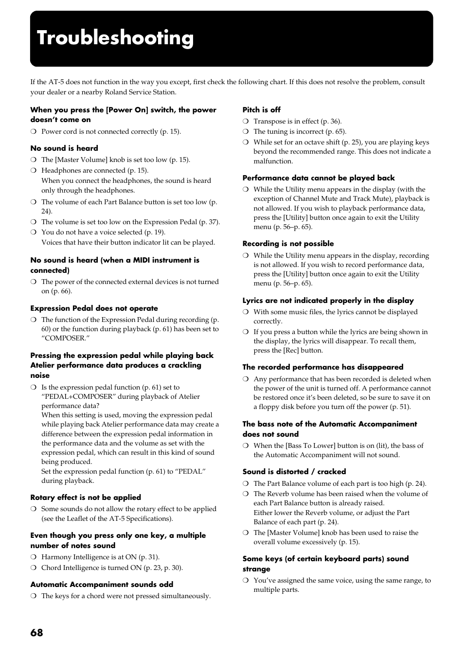 Troubleshooting | Roland AT 5 User Manual | Page 68 / 84